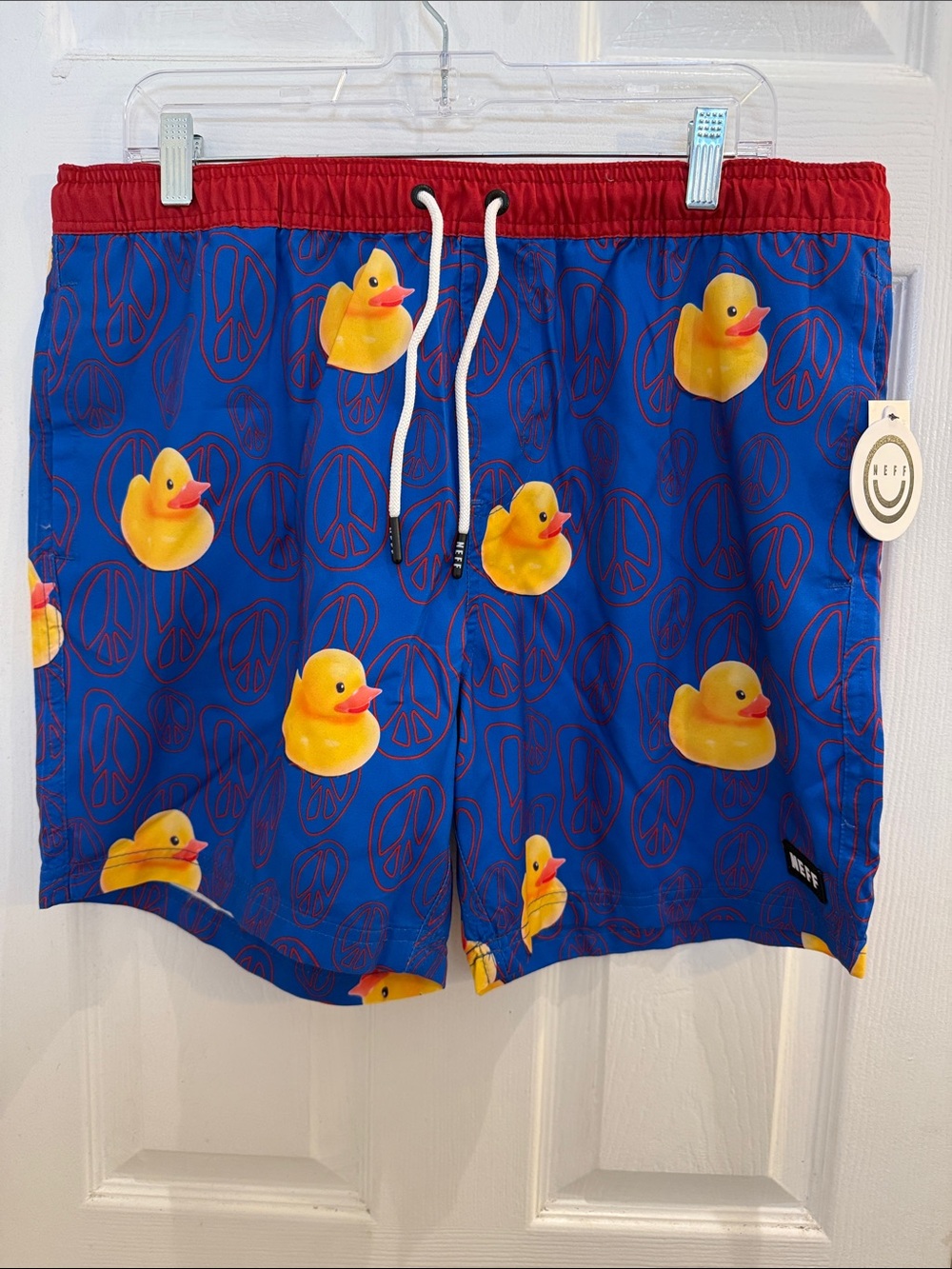 NWT Neff Blue Swim Trunks w/ Yellow Rubber Duck Print and Red Waistband Size XL